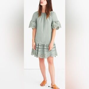 Madewell Eyelet Drop Waist Mini Dress 100% Cotton in Sage Green - XS